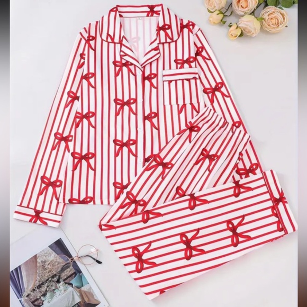 Women's Red & White Striped Bow-Print Pajama Set - Brand
